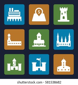 interest icons set. Set of 9 interest filled icons such as castle