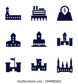 interest icons set. Set of 9 interest filled icons such as castle