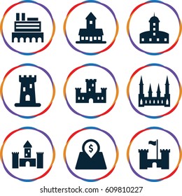 Interest icons set. set of 9 interest filled icons such as castle