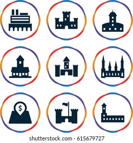 Interest icons set. set of 9 interest filled icons such as castle