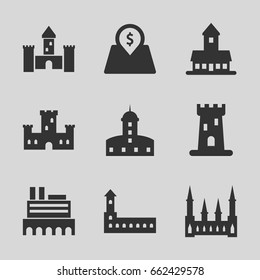 Interest icons set. set of 9 interest filled icons such as castle