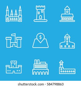 interest icons set. Set of 9 interest outline icons such as castle