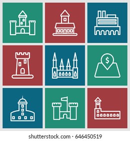 Interest icons set. set of 9 interest outline icons such as castle