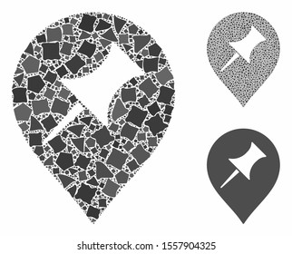 Interest pin marker mosaic of humpy pieces in different sizes and color hues, based on interest pin marker icon. Vector inequal pieces are combined into collage.