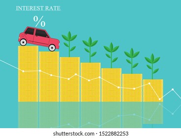 Interest rate and Banking concept, Vector illustration EPS10 of Red car model and Plant growing on stack of gold coins money on blue background, Finance and car loan