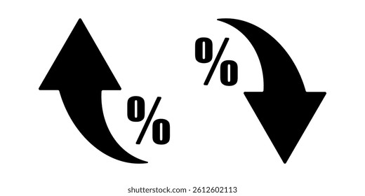 Interest rate change icon. Up and down arrows with percent symbols. Vector pictogram for financial growth and decline, market trend, inflation, deflation, economic rate concept.
