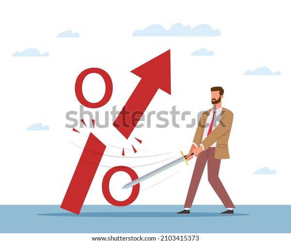 Interest rate\
changes. Reduction of consumption. Interest rate falls. Man cuts\
with sword big red percent sign, economic crisis and money loss,\
vector isolated business\
concept