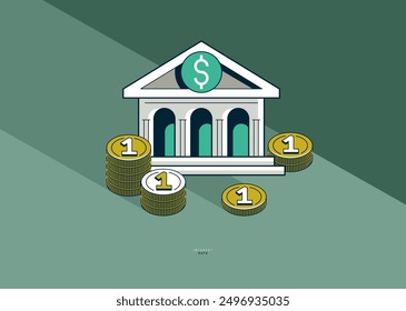 Interest rate concept poster, vector icon style illustration of a bank building with coin stack, credit rate, investment and income, bank loan.