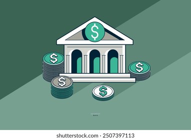 Interest rate concept poster, vector icon style illustration of a bank building with coin stack, credit rate, investment and income, bank loan.