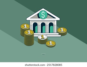 Interest rate concept poster, vector icon style illustration of a bank building with coin stack, credit rate, investment and income, bank loan.