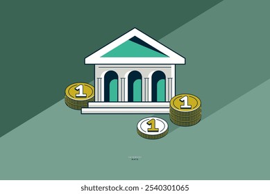 Interest rate concept poster, vector icon style illustration of a bank building with coin stack, credit rate, investment and income, bank loan.