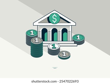 Interest rate concept poster, vector icon style illustration of a bank building with coin stack, credit rate, investment and income, bank loan.