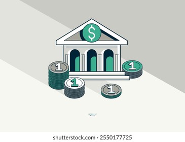 Interest rate concept poster, vector icon style illustration of a bank building with coin stack, credit rate, investment and income, bank loan.