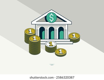 Interest rate concept poster, vector icon style illustration of a bank building with coin stack, credit rate, investment and income, bank loan.