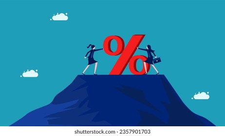 Interest rate concept. Two businesswomen pushing the percentage
