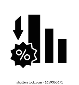 Icono negro de disminución de tasa de interés, ilustración conceptual, símbolo plano vectorial, signo de glifo.