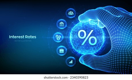 Interest rate dividend concept in the shape of polygonal sphere with percentage symbol in wireframe hand. Interest rates continue to increase, return on stocks and mutual funds. Vector illustration.