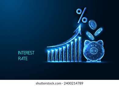 Concepto futurista de tipo de interés, finanzas e inversión con gráfico de crecimiento y banco de cerdos en un brillante estilo poligonal bajo con un fondo azul oscuro. Ilustración vectorial de diseño de conexión abstracta moderna