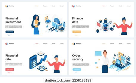 Interest rate, financial investment and data cybersecurity set vector illustration. Cartoon tiny people work on calculating percentage profit, protect personal information with shield software