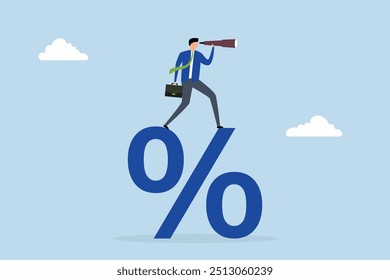 Interest rate forecast, entrepreneur ascends the percentage symbol to peer through a telescope and visualize their goals.