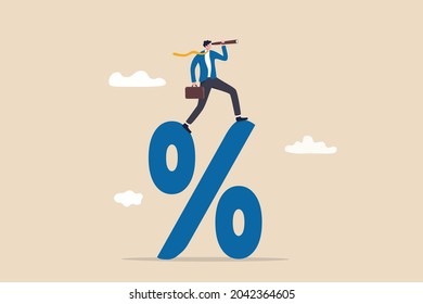 Interest rate forecast, FED and Central bank financial policy, search for investment profit or banking loan payment concept, confident businessman climb up percentage sign see vision on telescope.