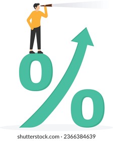 Interest rate forecast, FED and Central bank financial policy, Search for investment profit or banking loan payment, Climb up percentage sign see vision on telescope

