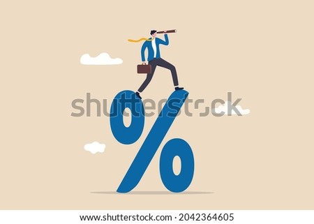Interest rate forecast, FED and Central bank financial policy, search for investment profit or banking loan payment concept, confident businessman climb up percentage sign see vision on telescope.