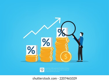 Interest rate hike due to inflation percentage rising up, businessman hold magnifying with pile of coins symbol, business concept illustration