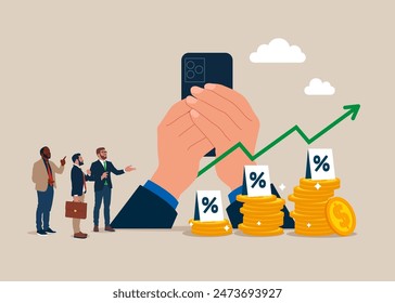 Interest rate hike due to inflation percentage rising up. Business team with smartphone  and pile of coins symbol. Flat vector illustration. 