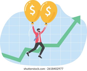 Interest rate hike due to inflation percentage rising up Inflation and monetary policy concepts, Businessman investors flying with dollar symbol balloons.


