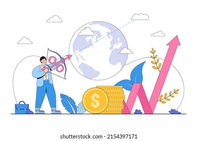 Interest rate hike owing to rising inflation, FED, federal reserve, central bank monetary policy, economics or loan idea concepts illustrations. Businessman archery percentage arrow high into the sky.