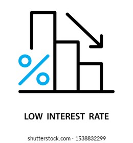 Interest rate icon. Low graph with percent of interest rate. Simple design. Line vector. Isolate on white background.