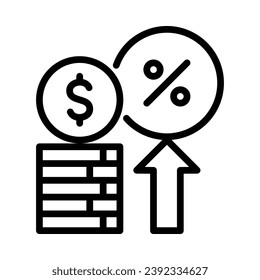 Icono de tasa de interés. Porcentaje de dinero y flecha de crecimiento. Estilo de esquema. Vector. Aislar sobre fondo blanco.