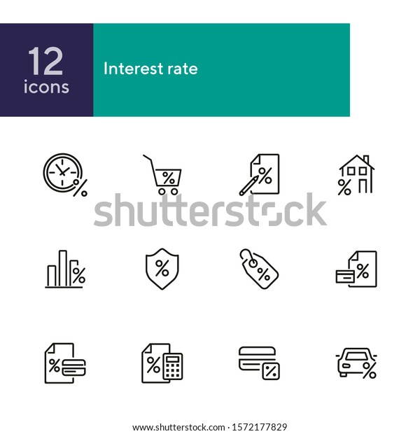 Interest rate icon
set. Line icons collection on white background. Percentage, price
tag, discount. Sale concept. Can be used for topics like shopping,
retail, credit