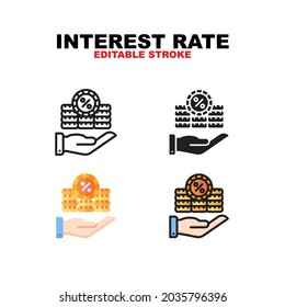 Interest Rate icon symbol set of outline, solid, flat and filled outline style. Isolated on white background. Editable stroke vector icon.