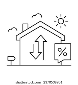 Interest Rate Indicator, Mortgage Rates. The interest rate icon with a house and a percentage sign represents an interest rate indicator, especially for mortgage rates.