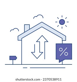 Interest Rate Indicator, Mortgage Rates. The interest rate icon with a house and a percentage sign represents an interest rate indicator, especially for mortgage rates.