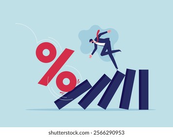 Interest rate and inflation percent impact economy and investment market concept, percentage sign fall to cause domino collapse causing businessman investor falling