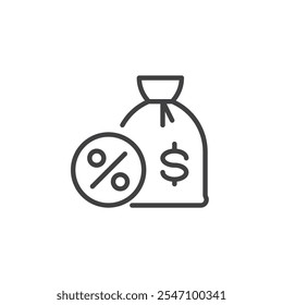 Ícone da linha da taxa de juro. sinal de estilo linear para conceito móvel e web design. Saco de dinheiro e ícone do vetor de contorno do sinal de porcentagem. Símbolo de potencial de crescimento, ilustração do logotipo. Gráficos vetoriais