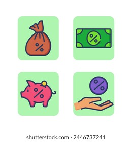 Interest rate line icon set. Hand, bag, banknote and piggy bank with percentage. Bank deposit and investment concept. Vector illustrations for web design and apps