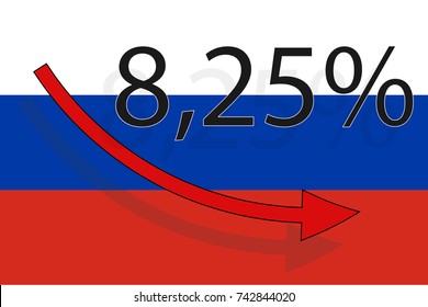 The interest rate on the background of the Russian flag and the down arrow