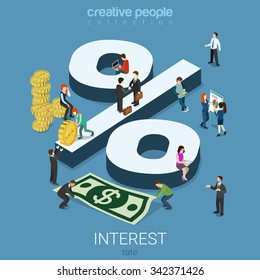 Interest rate percent flat 3d isometry isometric financial concept web infographics vector illustration. Monay dollar cent coins micro male female and big percentage sign. Creative people collection.