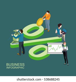 Interest rate percent flat 3d isometry isometric financial concept web infographics vector illustration. Monay dollar cent coins micro male female and big percentage sign. Creative people collection.