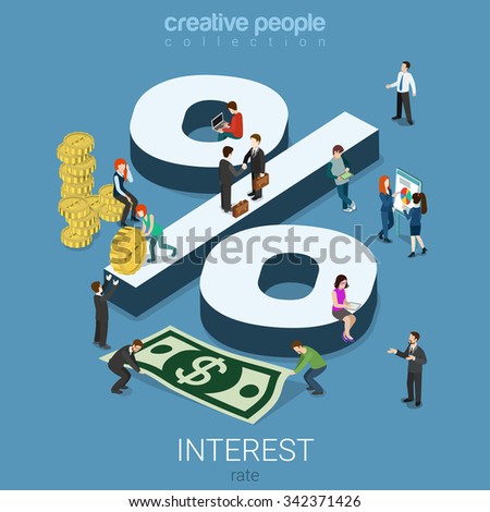 Interest rate percent flat 3d isometry isometric financial concept web infographics vector illustration. Monay dollar cent coins micro male female and big percentage sign. Creative people collection.
