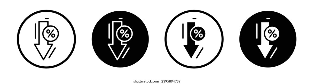 Disminución de la tasa de interés o conjunto de iconos de porcentaje inferior. signo de flecha de bajo precio. símbolo de vector de porcentaje de beneficio menor en estilo de relleno y delineado negro.
