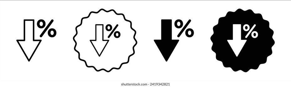 Reducción de la tasa de interés o porcentaje de disminución establecido en color blanco y negro. Reducción de tasas de interés simple vector de icono plano
