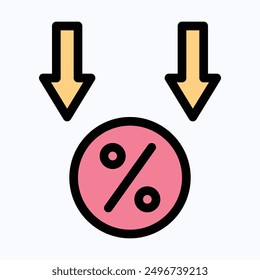Interest Rate Reduction Or Percent Down, Decrease Icon. 