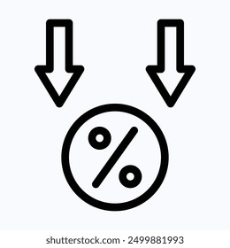 Interest Rate Reduction Or Percent Down, Decrease Icon. Isolated Lineal Vector Icon.