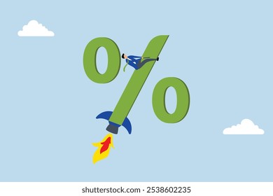 Interest rate rising up, Businessman soaring with rocket booster analogy to illustrate impact of interest rate increase. 