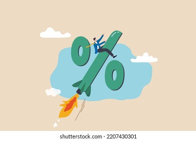 Interest rate rising up, Federal reserve or central bank raising policy, inflation or monetary percentage concept, businessman riding percentage with rocket booster metaphor of interest rate hike.